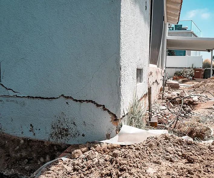 Dalinghaus Foundation Repair inspecting stucco cracking with a large horizontal crack along the exterior foundation.
