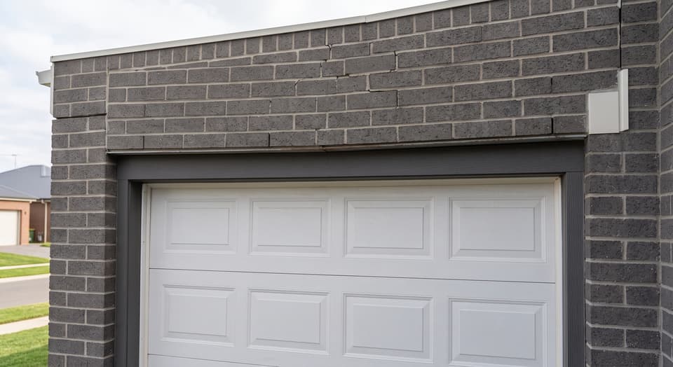 Dalinghaus Foundation Repair inspecting severe stair-step cracks and a sagging lintel above a garage door.