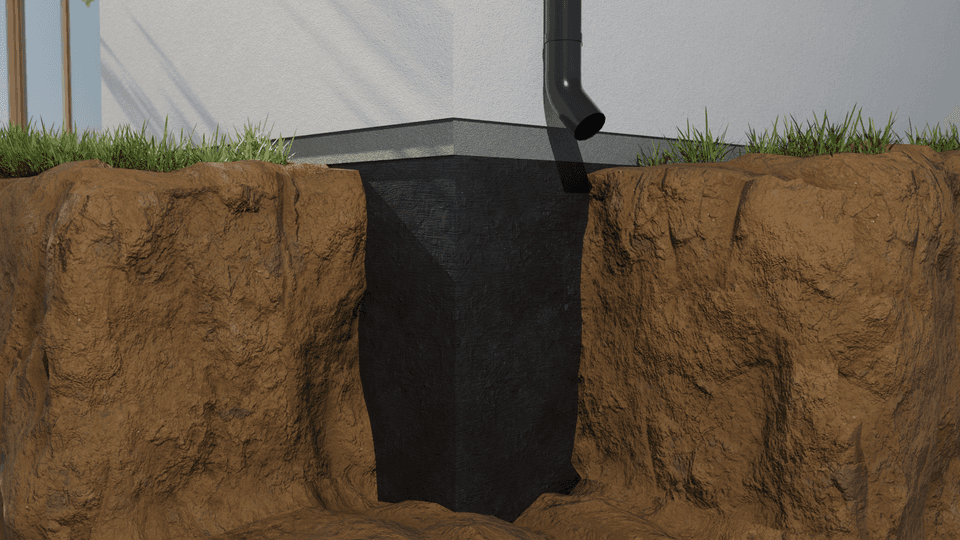 Illustration of a house exterior foundation corner with waterproofing membrane, downspout, and excavated soil